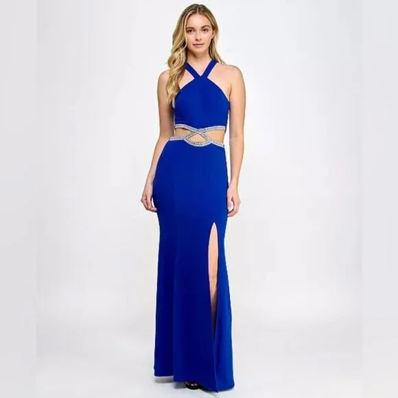 Speechless | Dresses | Speechless Embellished Cutout Halter Gown Elegant Cobalt  Blue Maxi Dress 7 | Poshmark